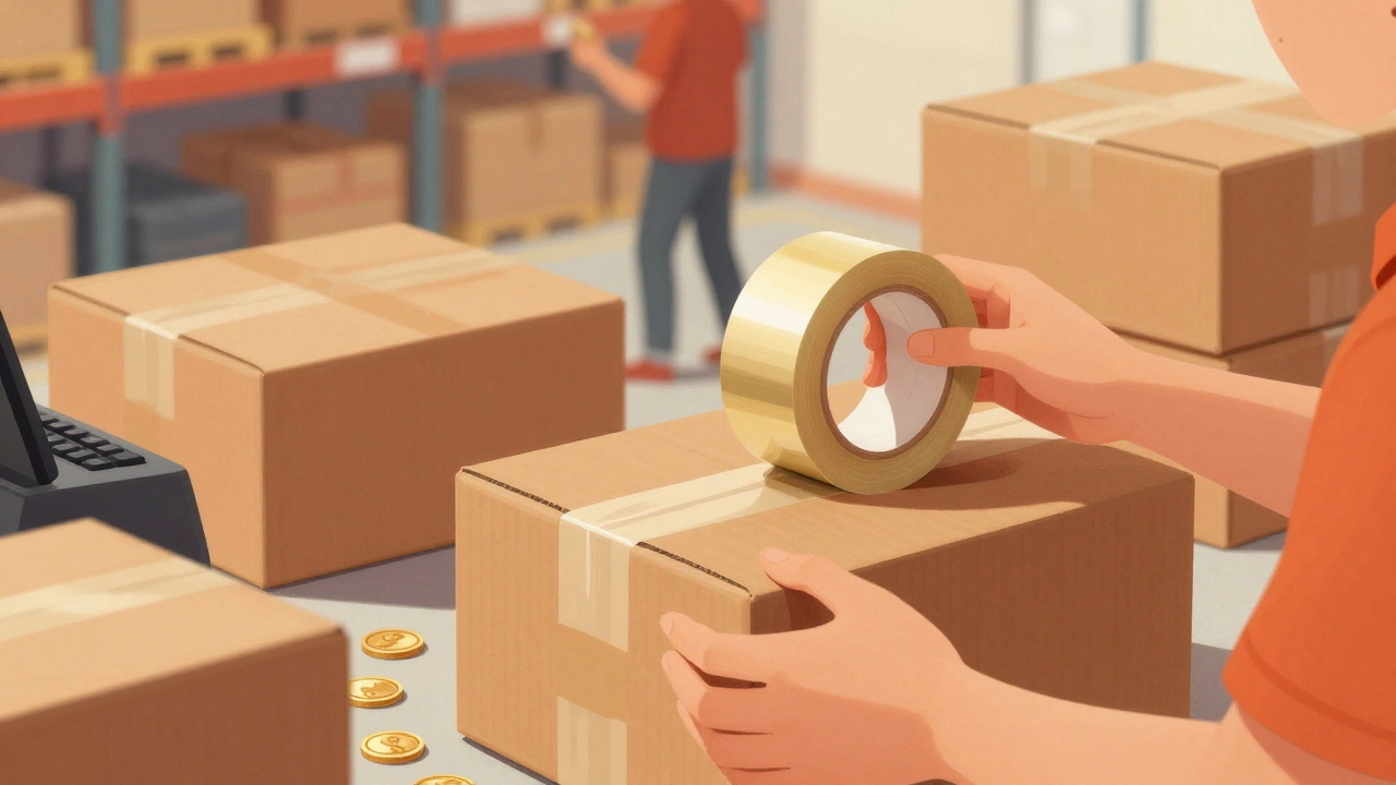 Руки упаковують коробки на складі з готівкою