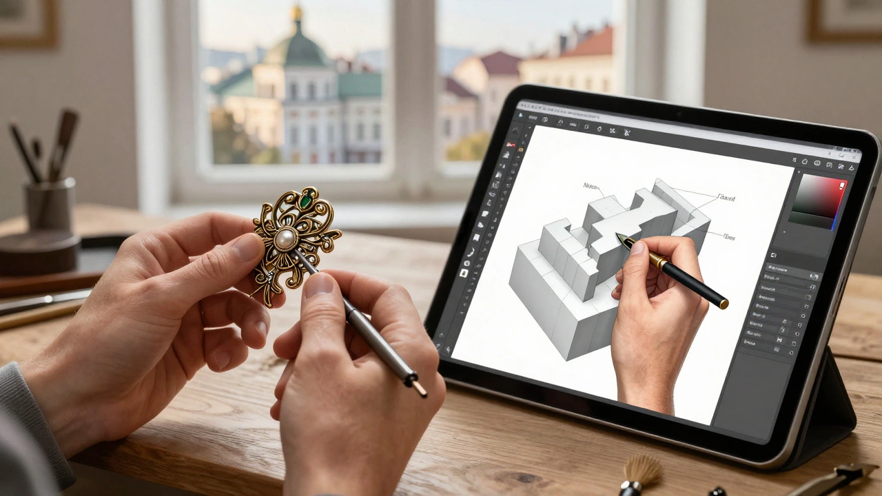 Руки ювеліра: одна чинить старовинний виріб, інша проектує 3D-модель на планшеті.