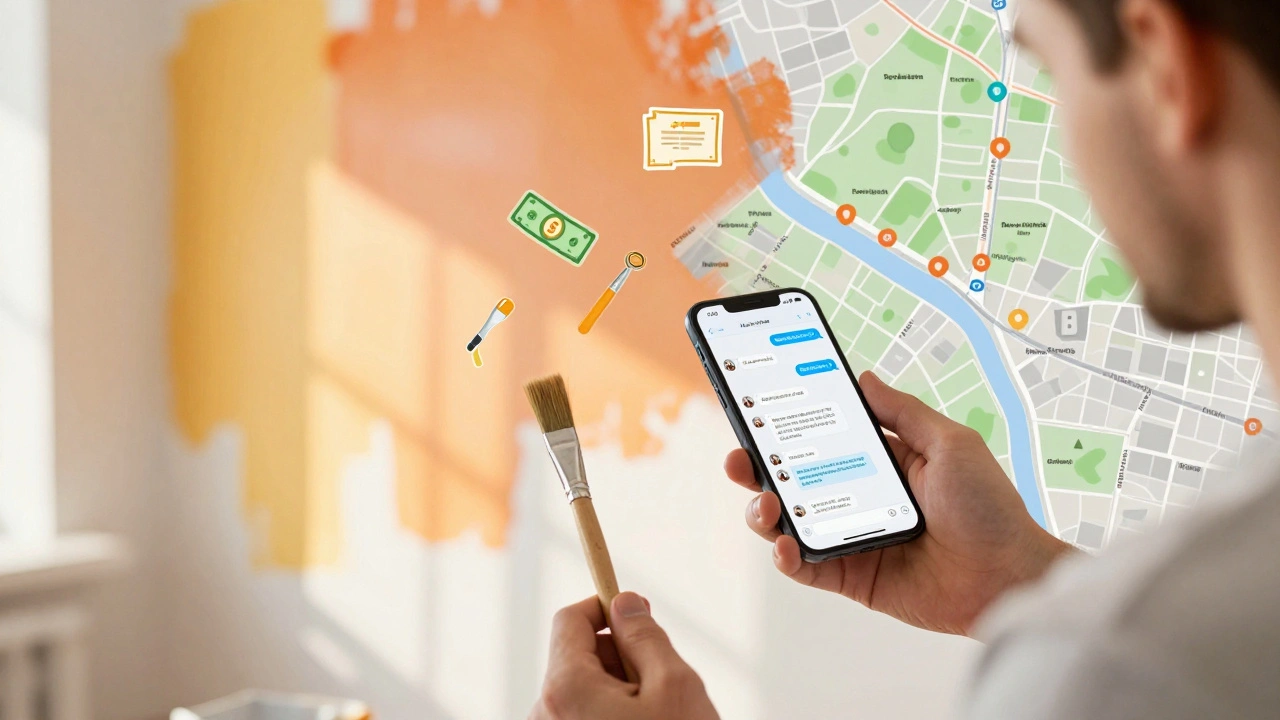 Самозайнятий маляр в Києві отримує замовлення через Telegram, одночасно фарбуючи стіну у градієнті.