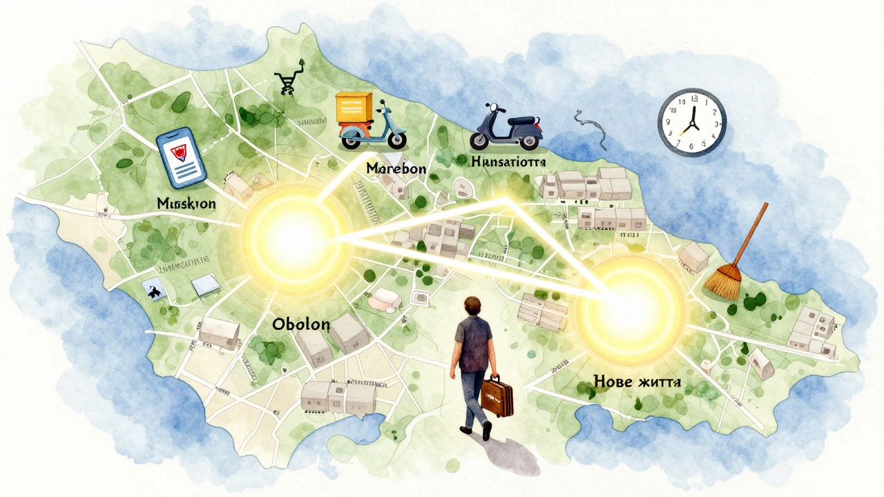 Символічна карта Києва з розквітлими районами Оболонь і Мінська, де людина йде до нових можливостей.