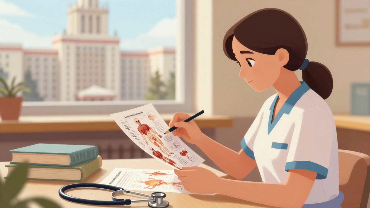 Студентка медичного університету вивчає анатомічні картки