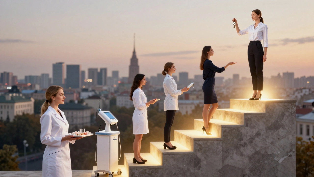 Ступінчаста ілюстрація кар'єрного зростання в сфері краси: від новачка до власника салону в Києві.