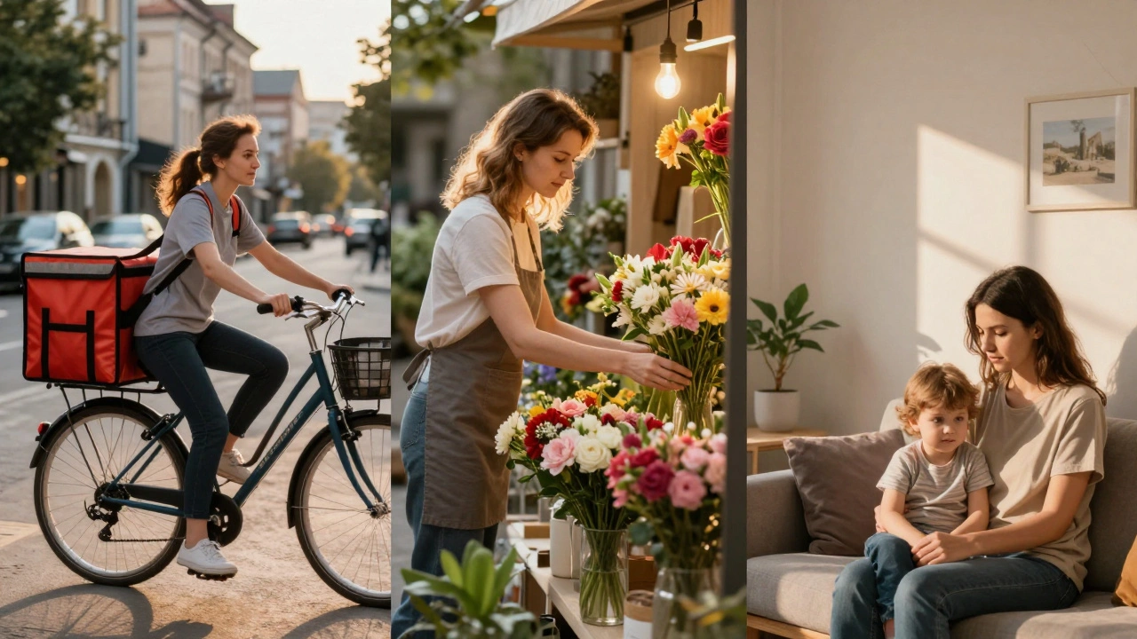 Три жінки: кур'єр на велосипеді, флорист і соціальний працівник — символи гнучких робіт у Києві.