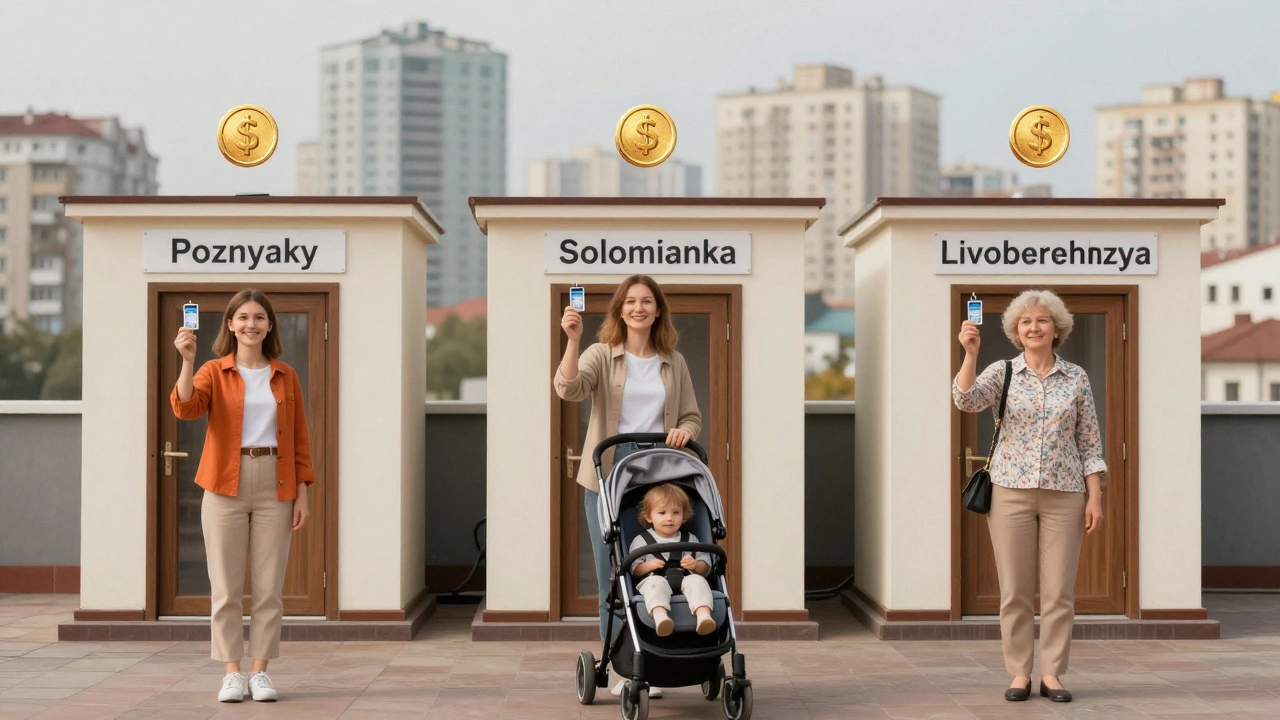 Три жінки різного віку стоять перед входами до міні-отелів у різних районах Києва.