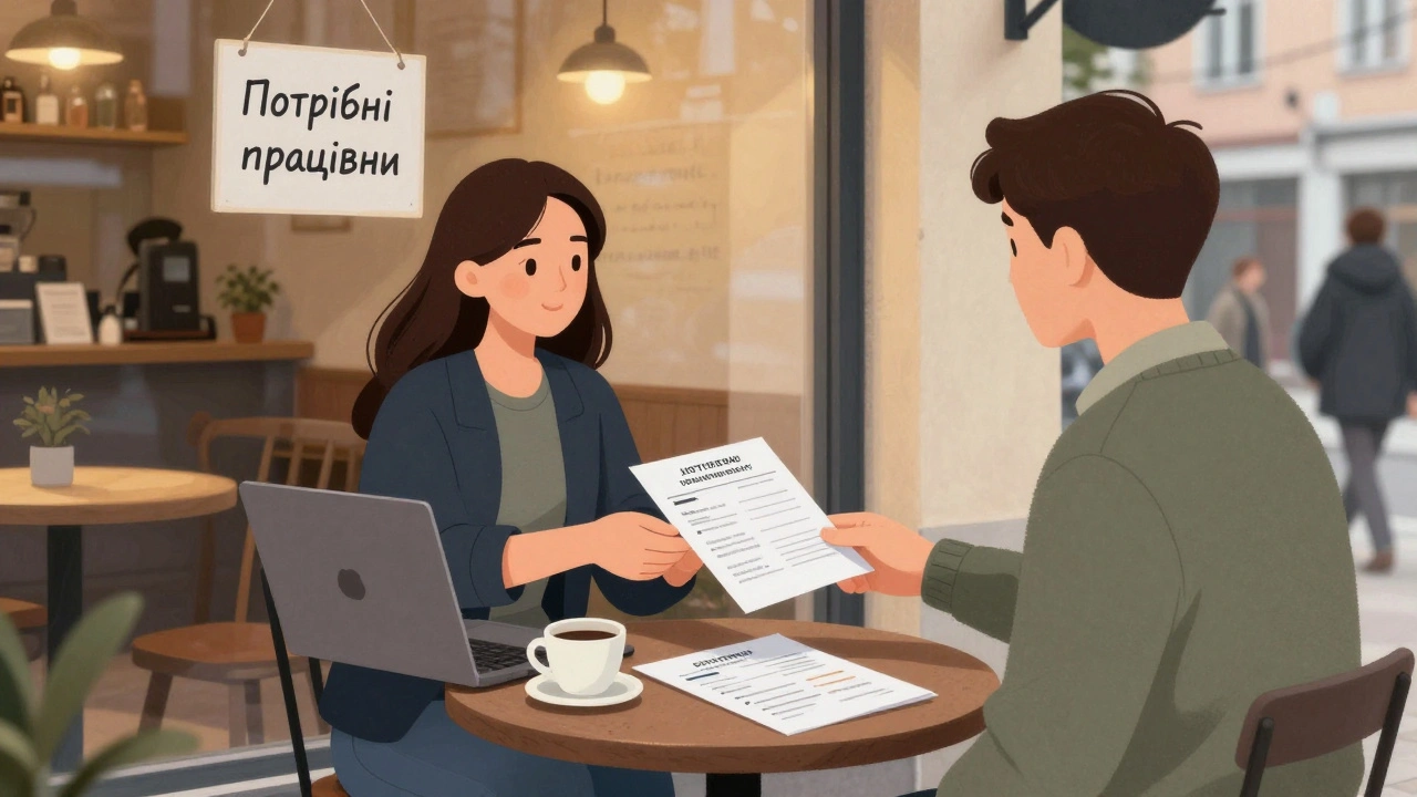Власник кафе приймає резюме від молодого претендента на роботу біля вікна