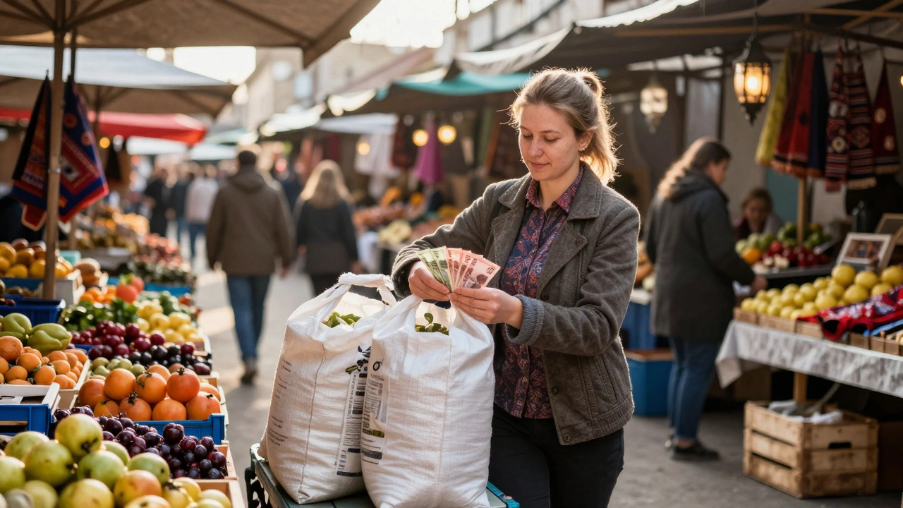 Жінка допомагає продавцю на ринку в Києві та отримує зарплату в кінці дня.