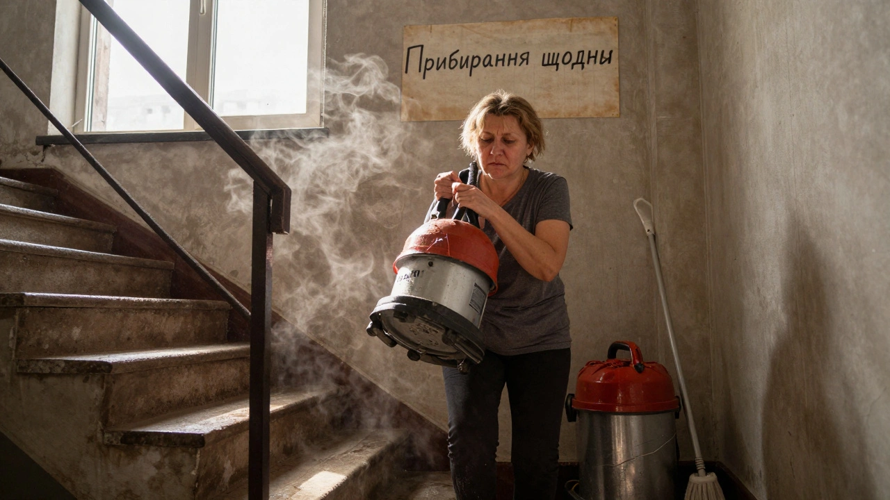 Жінка після 50 несе важкий пилосос у багатоповерховому будинку, сонячне світло через вікно.