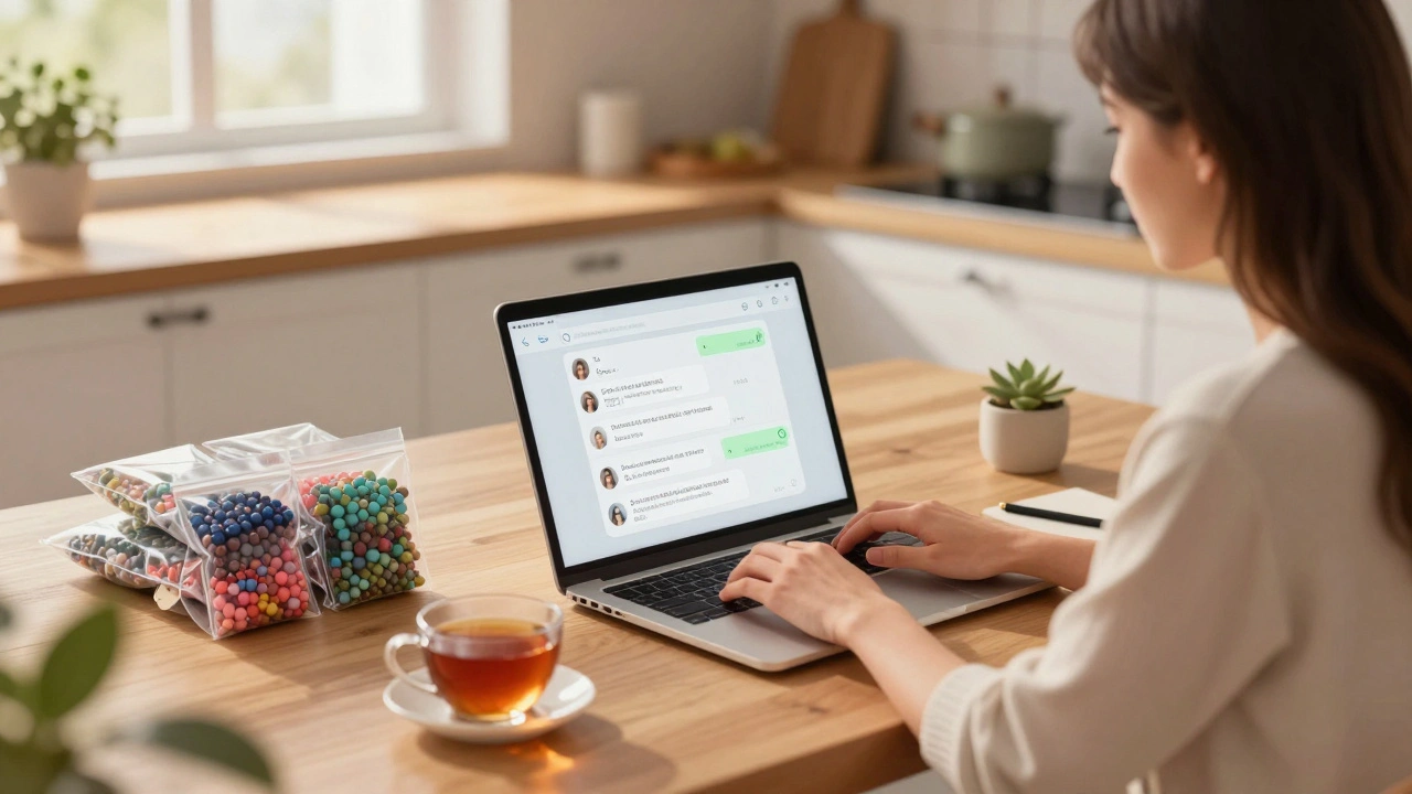 Жінка працює вдома, фасує бісер і відповідає на повідомлення клієнтів.