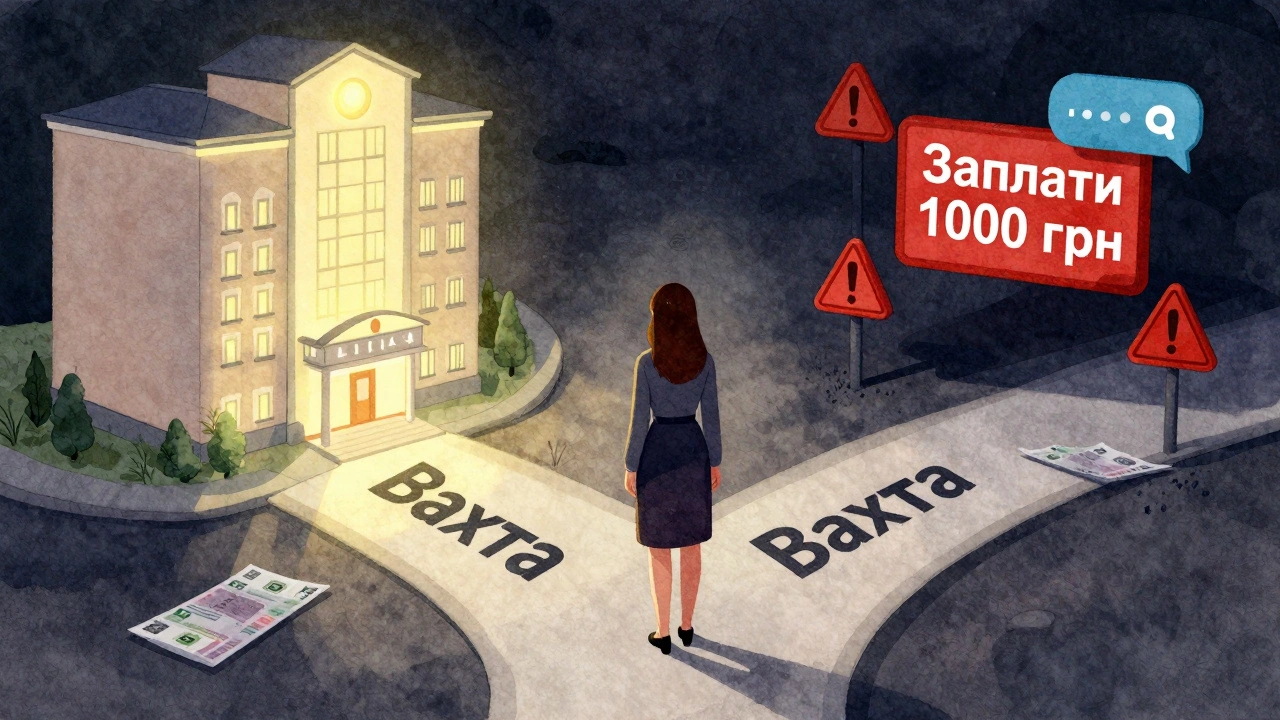 Жінка стоїть на розі: одна дорога веде до готелю з зарплатою, інша — до Telegram з підозрілими вимогами.