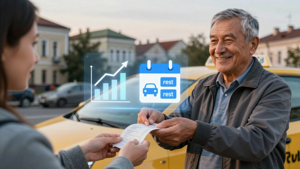 Досвідчений водій таксі в Києві після 50 років, що підтримує баланс між роботою та відпочинком.