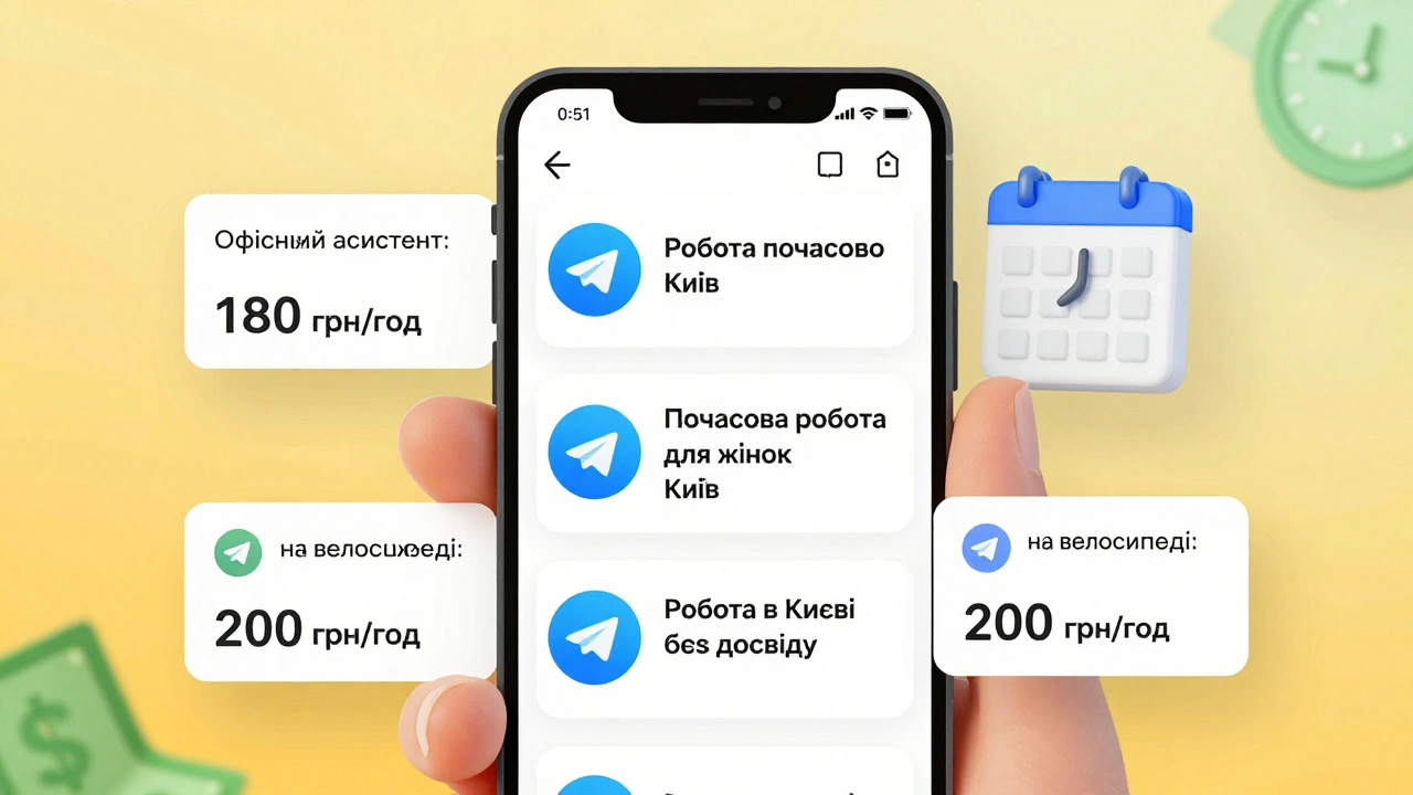 Екран смартфона з Telegram-каналами пропозицій почасової роботи в Києві та прикладами зарплат.