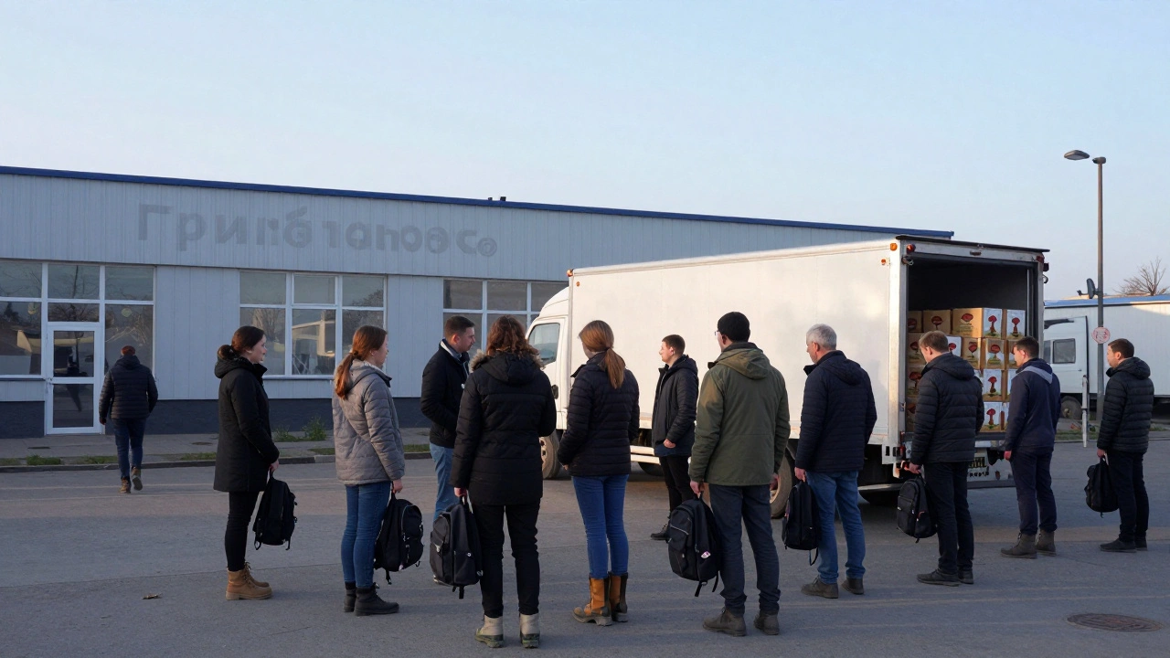 Група працівників під раннім сонцем йде до логістичного центру на вахту