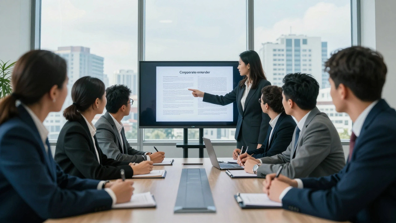 Група юристів обговорює корпоративну угоду в сучасному офісі з видом на місто.