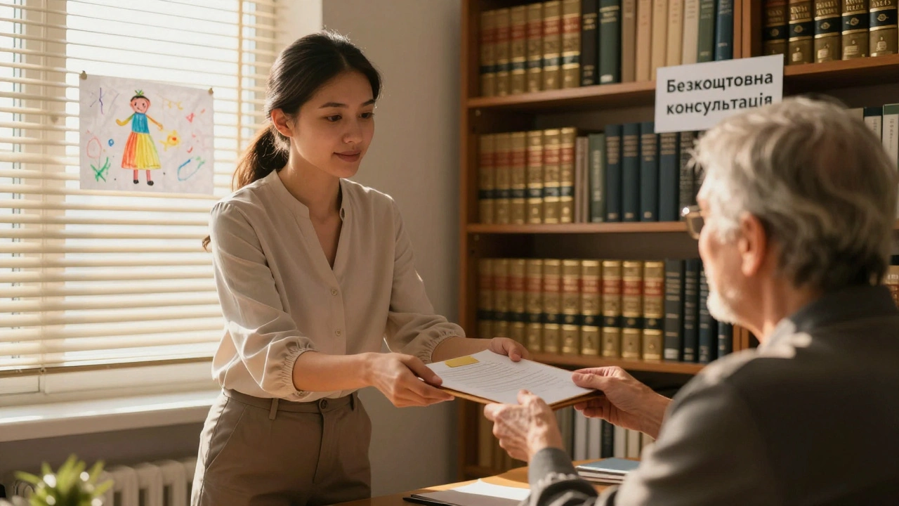 Інтерн допомагає клієнтові в маленькій юридичній консультації, сонячне світло через жалюзі.