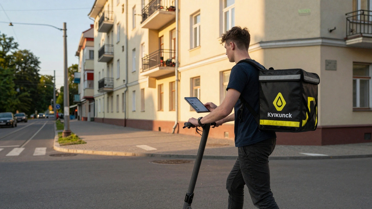 Кур’єр на самокаті в Києві з відкритим сумкою для доставки, тримає планшет із замовленням під сонячним світлом.