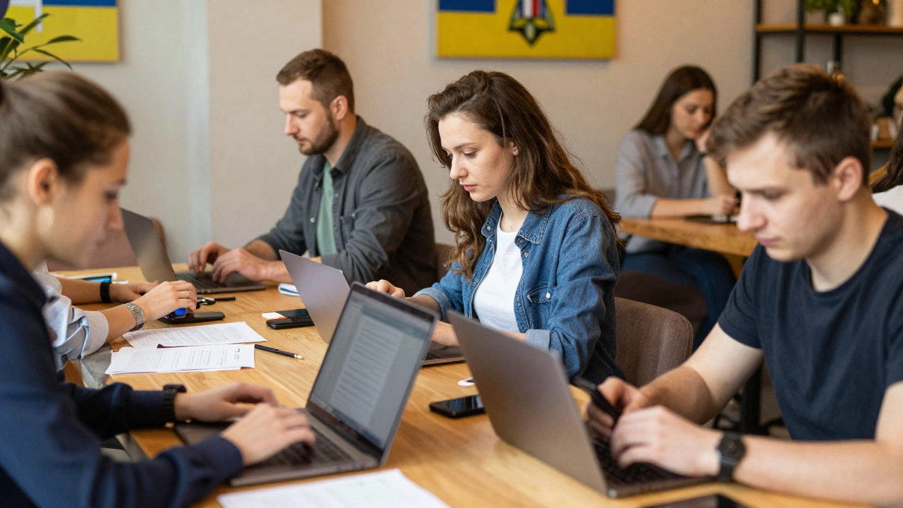 Люди працюють в кав'ярні Києва: хтось за ноутбуком, хтось за телефоном.