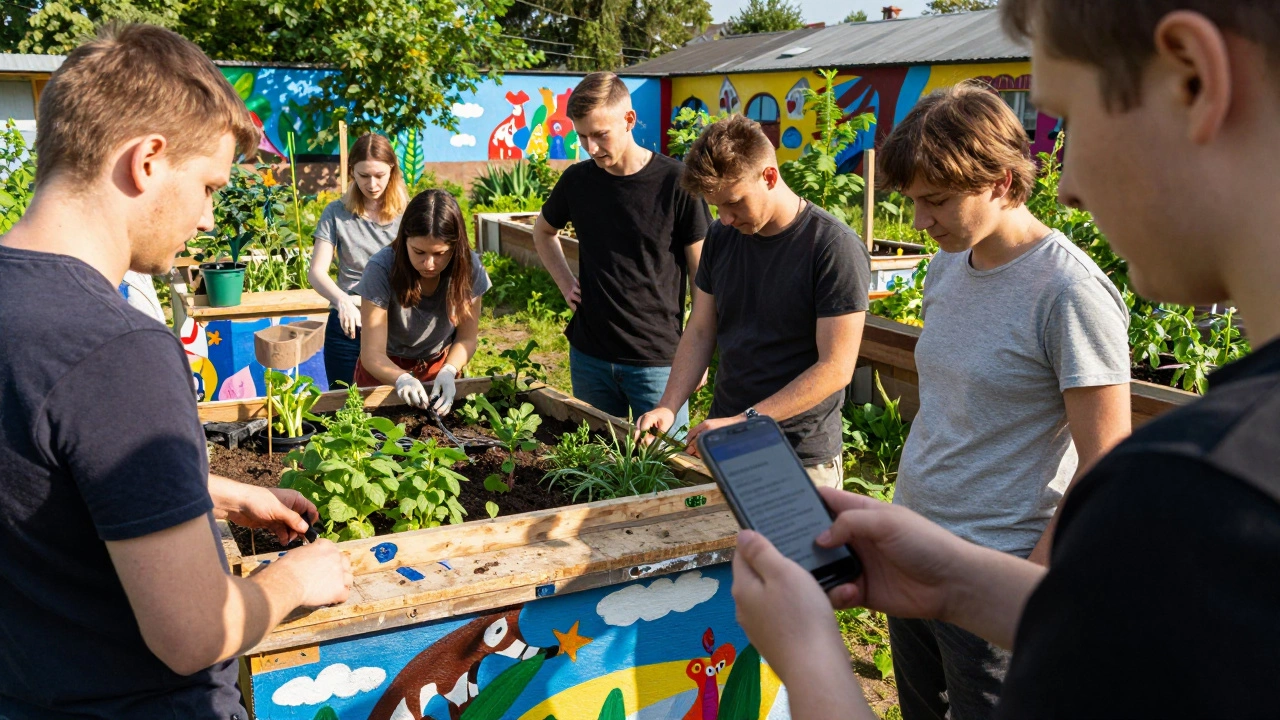 Люди з різних вікових груп працюють разом у громадському саду Києва зі смартфоном у руці.