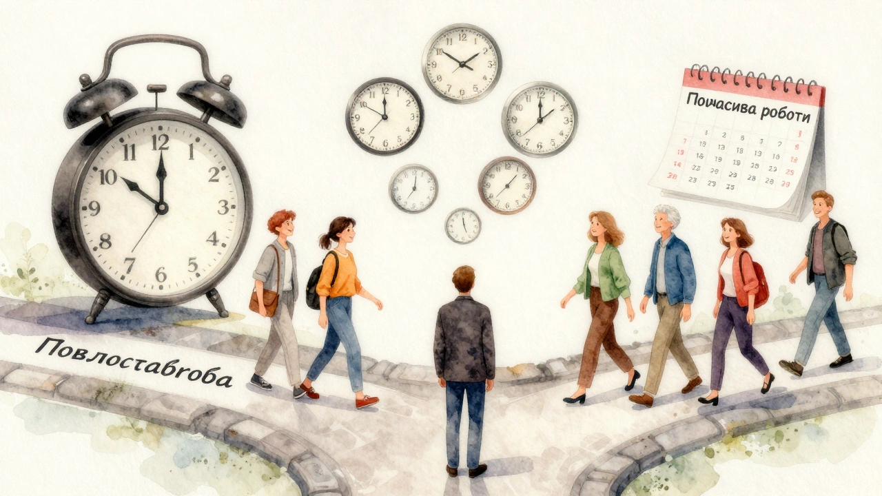 Людина на розі шляхів: одна дорога — жорсткий графік, інша — свобода гнучкого графіку роботи.