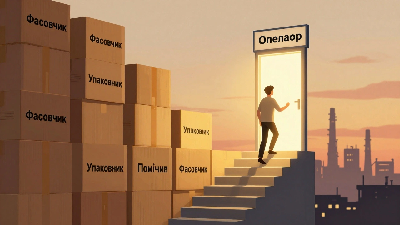 Людина піднімається по сходах з упакованих коробок до дверей з написом 'Оператор', символізуючи кар'єрний зростання на виробництві.