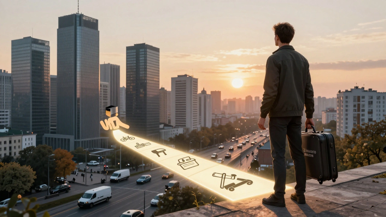 Людина з валізою дивиться на Київський панорамний вид, де символічні професії — кур’єр, офіс, аптека, автодітейлінг — ведуть до світла.