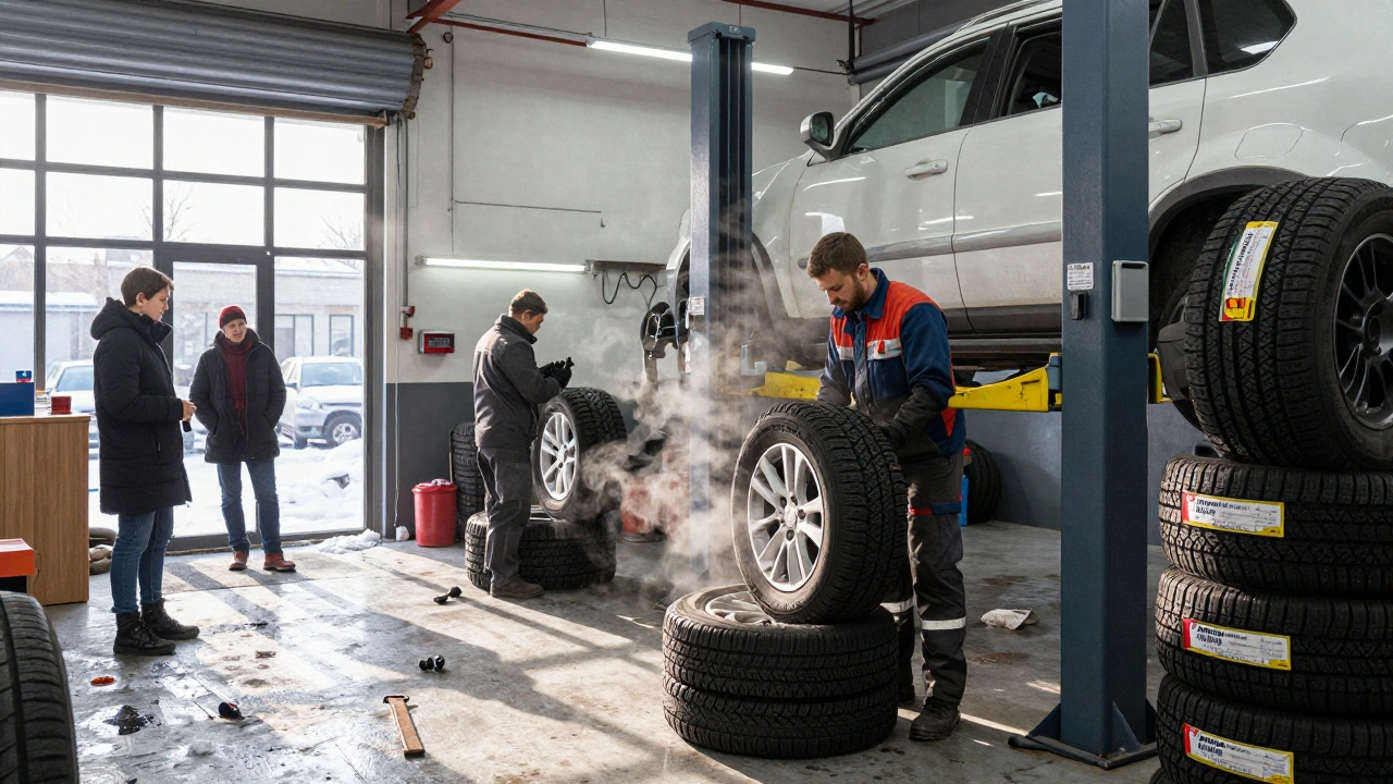 Майстри міняють шини взимку в переповненому автосервісі
