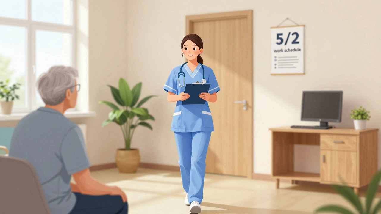 Медсестра працює в амбулаторії з пацієнтом, графік 5/2, немає нічних змін.