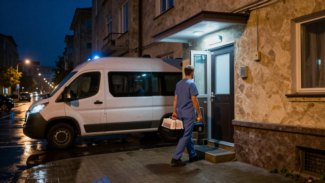 Мобільна ветеринарна служба вночі перед будинком у Києві.