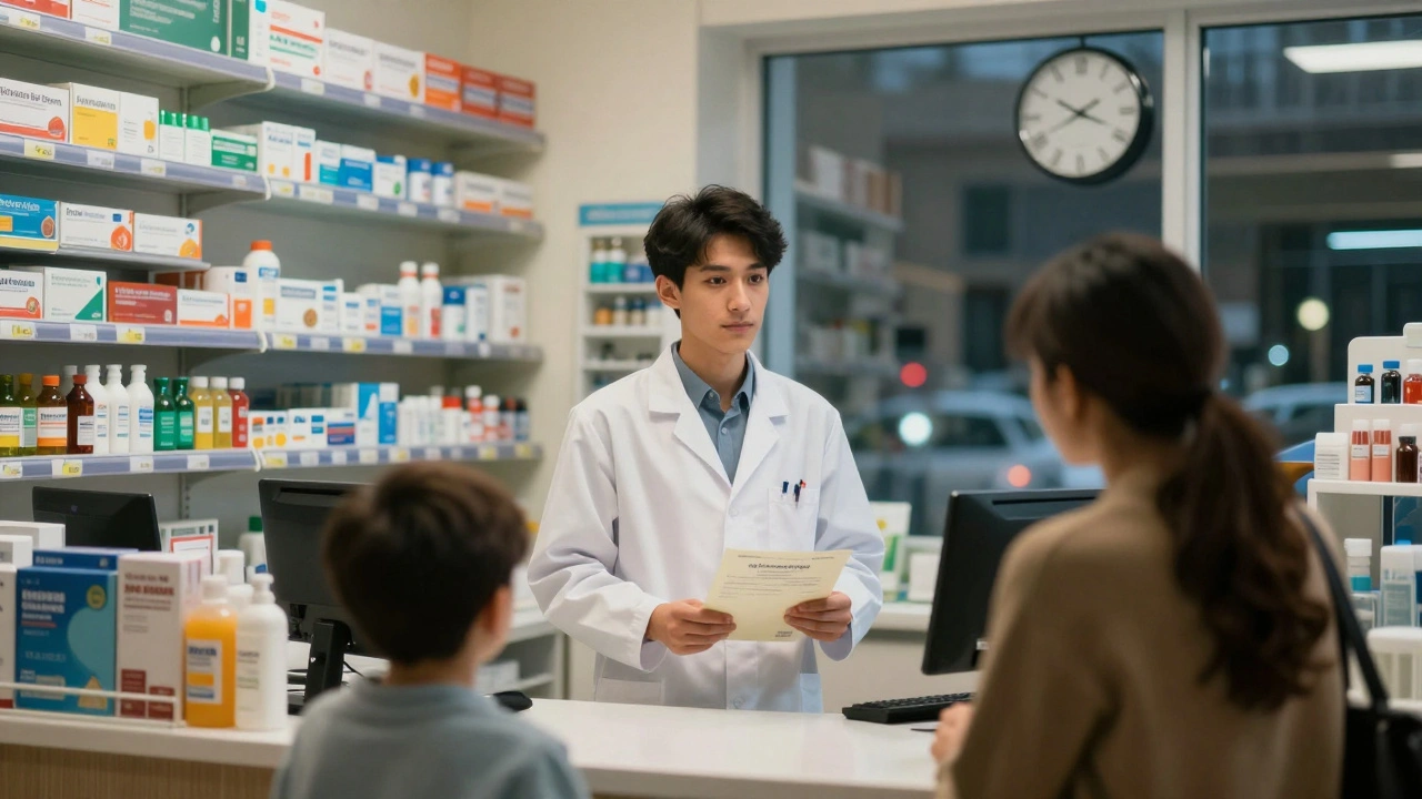 Молодий фармацевт працює вночі в аптекі на Лівому березі, клієнт з дитиною чекає.