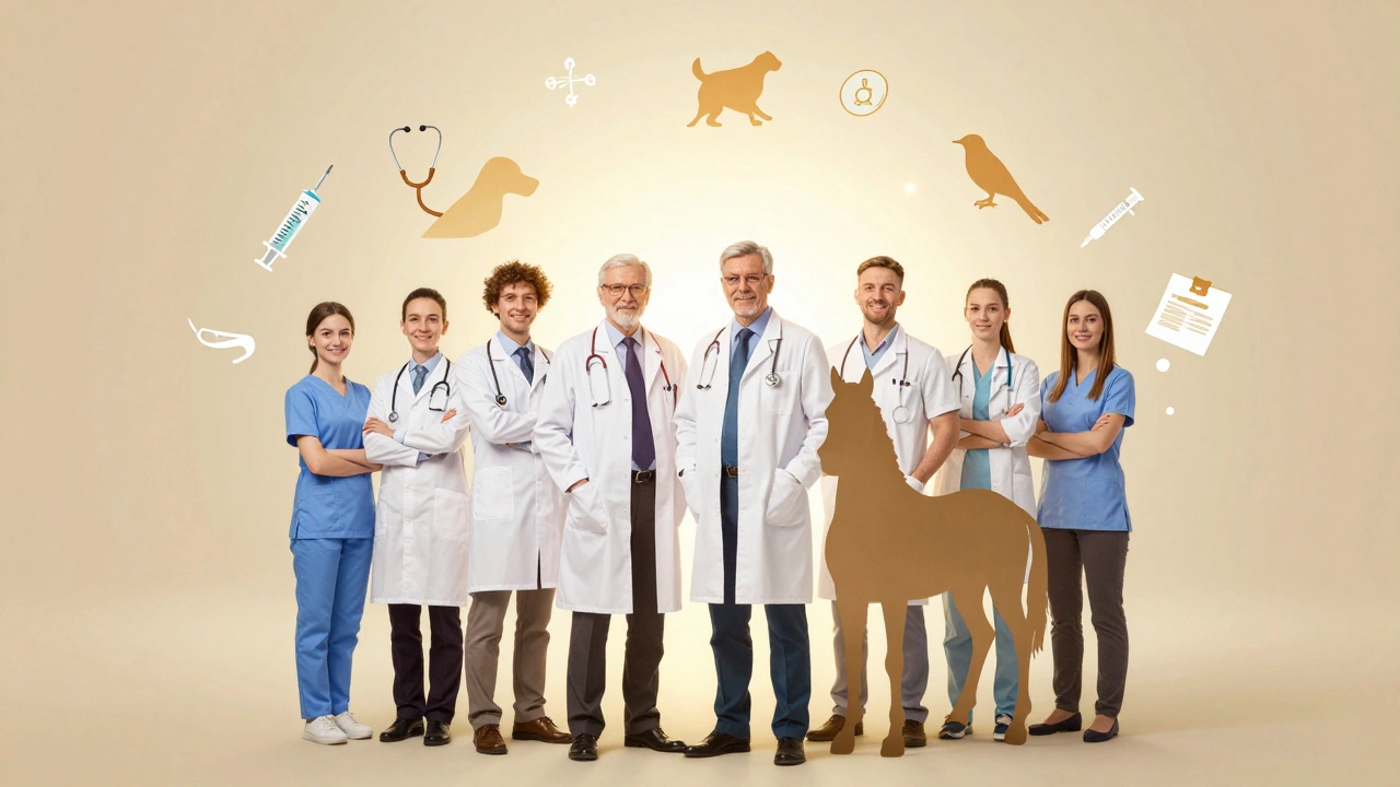 Різні ветеринари разом із символами їхньої професії у місті.