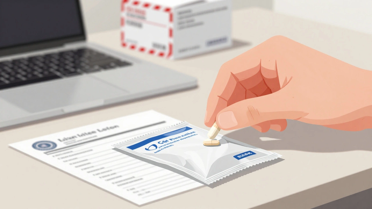 Рука кладе лікарську капсулу в аптечний пакетик, поруч — інструкція та готова посилка для відправлення.