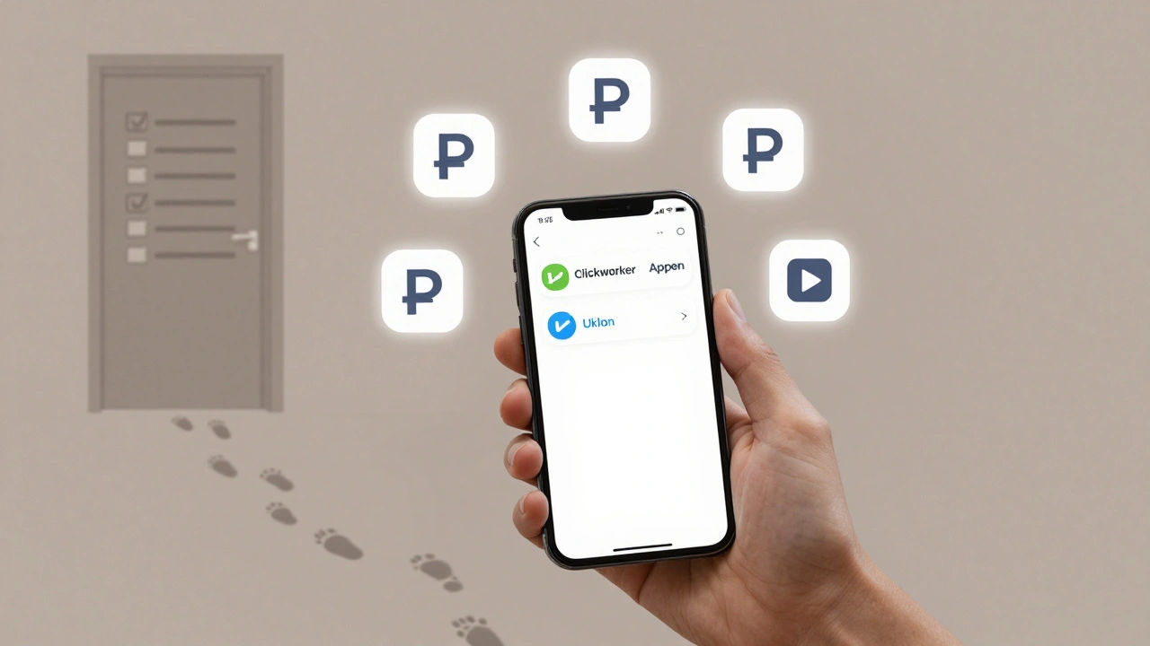 Рука тримає смартфон із п’ятьма додатками для роботи на дому, навколо — символи щоденної оплати, без тексту.