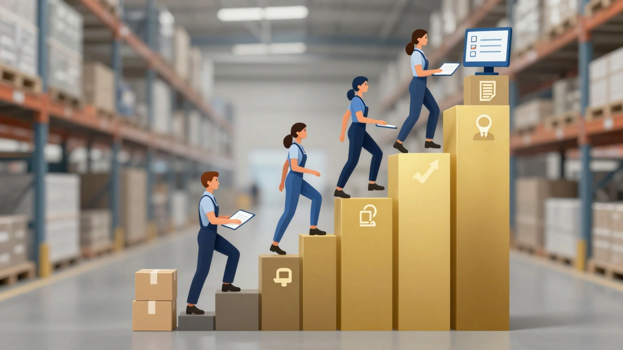 Символічна ілюстрація кар’єрного зростання упаковщиці на складі від пакувальниці до інструктора.