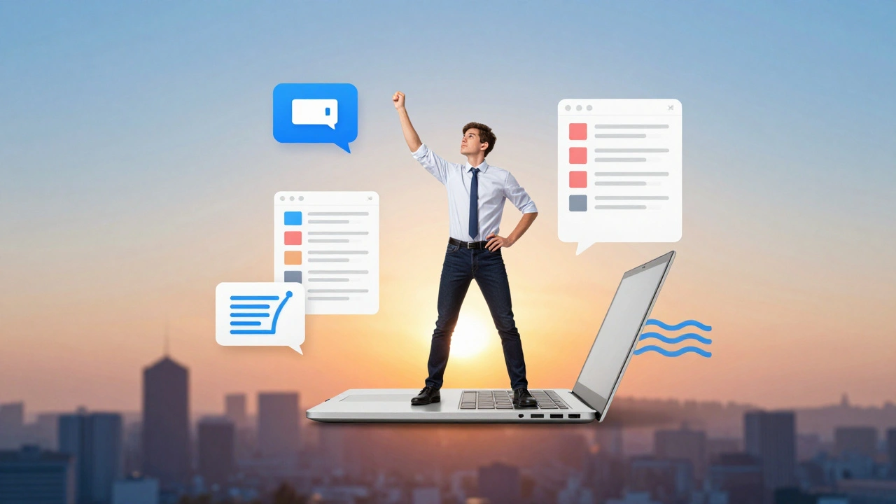 Символічна сцена: людина стоїть на ноутбуці, оточена іконками віддаленої роботи та сонячним східом.