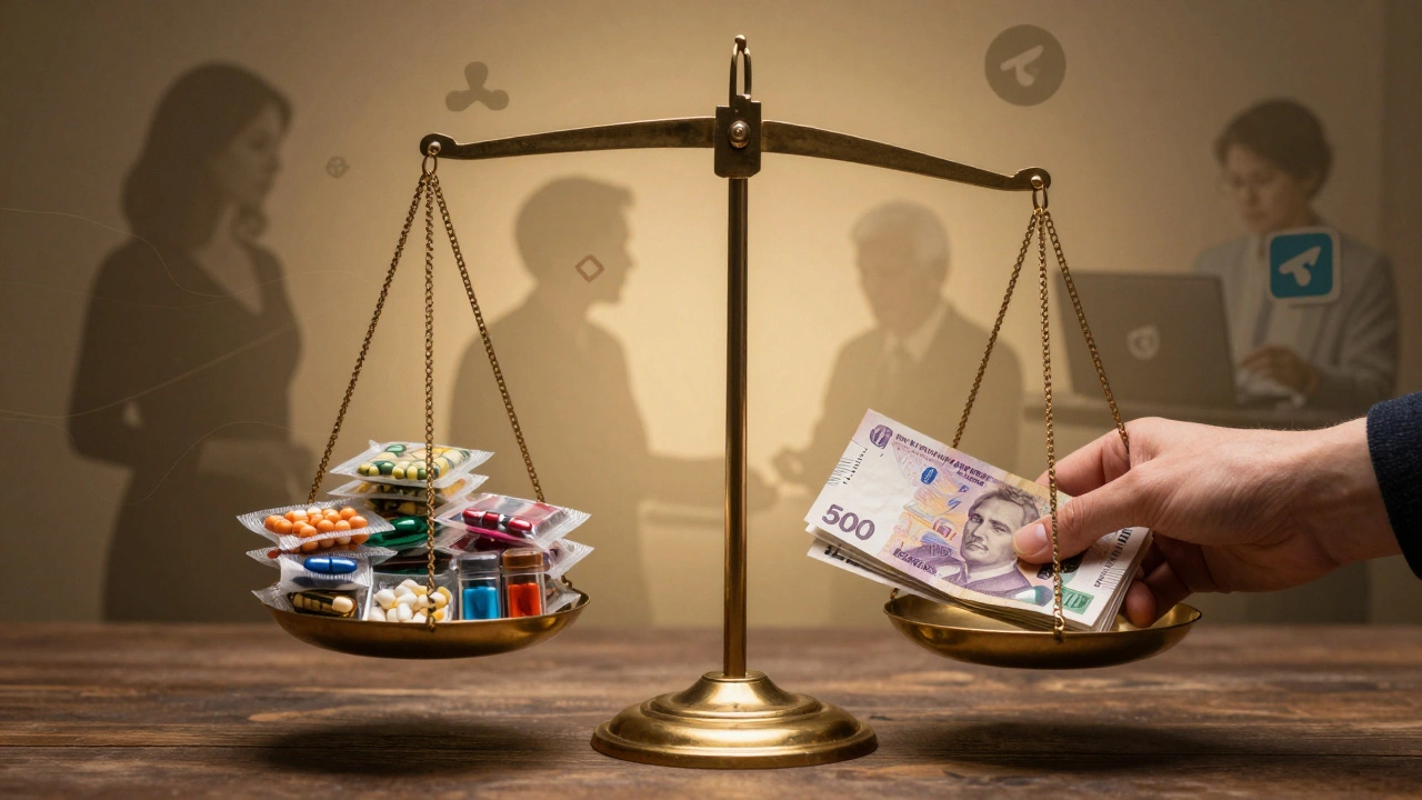 Символічна вага: з одного боку — пакетики з товаром, з іншого — гроші, за тлом — робітники на дому.