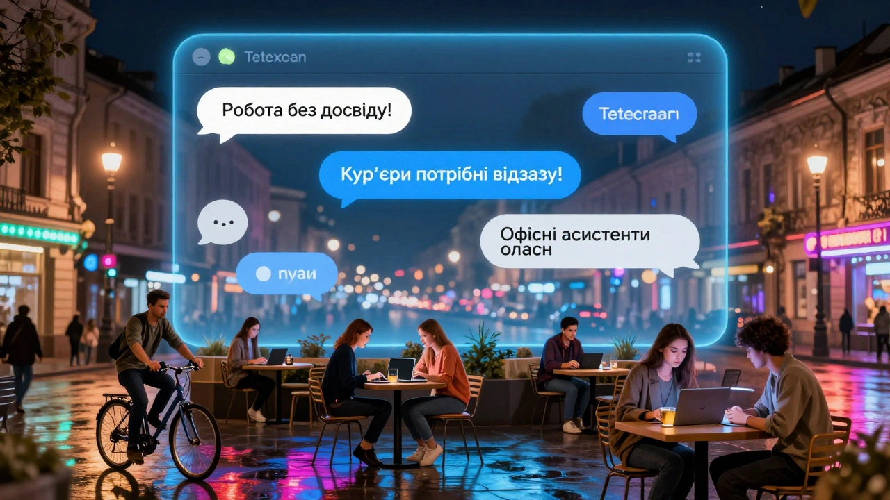 Світлі повідомлення Telegram про роботу в Києві плавають над вулицею вночі, люди працюють на велосипедах і за ноутбуками.