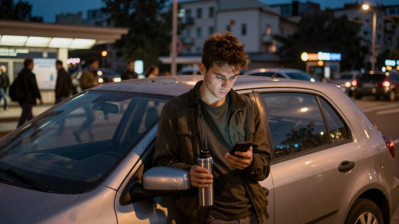 Водій таксі вночі в Києві зупинився біля метро, тримає каву і перевіряє замовлення.