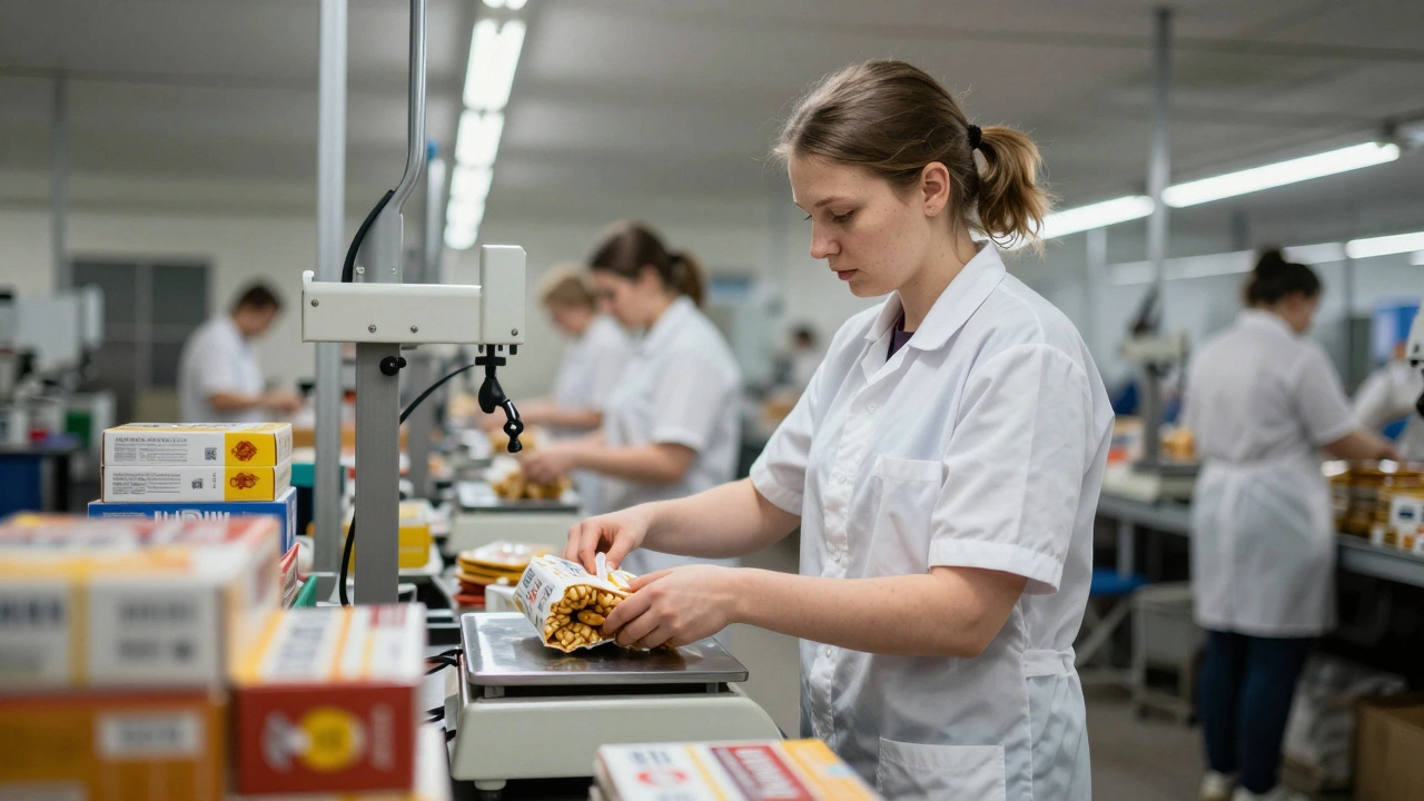 Жінка на виробничій лінії упаковує продукти, уважно працюючи з вагами серед рухомих коробок і обладнання.