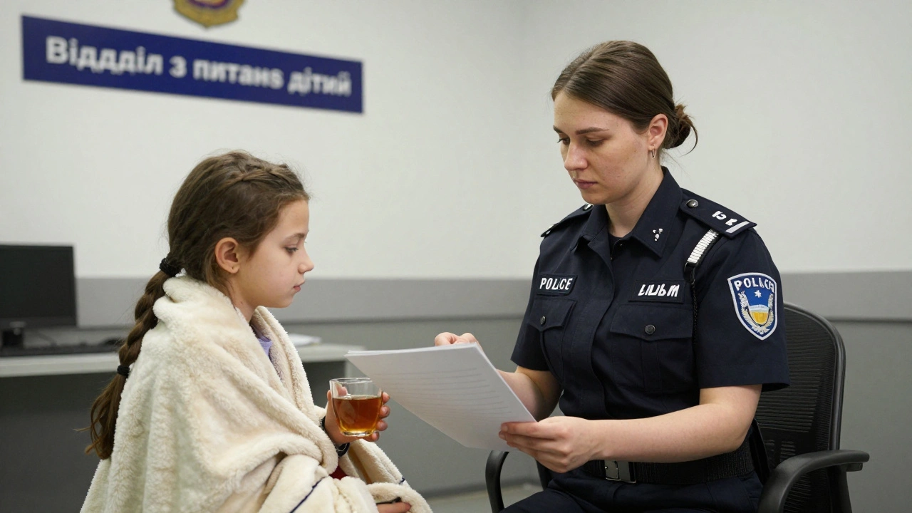 Жінка-поліцейська спілкується з дівчинкою в кабінеті відділу з питань дітей